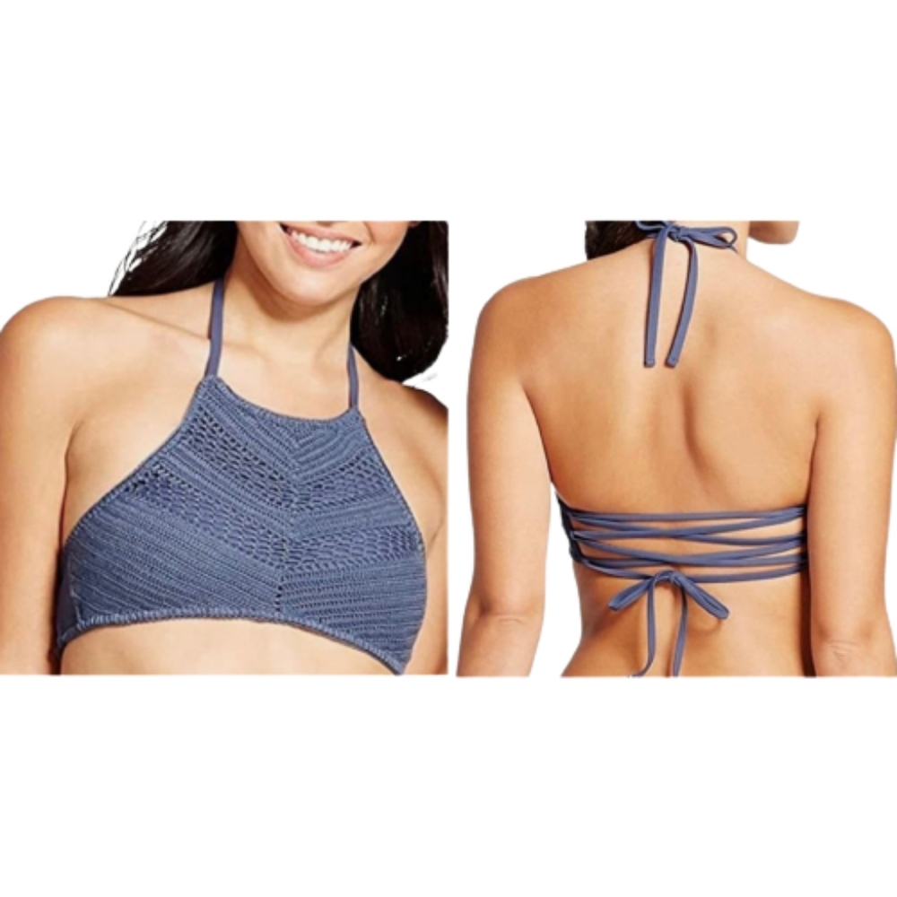 Xhilaration Blue Bikini Top Crochet Knit Halter NWT Lace-Up Back Swimwear